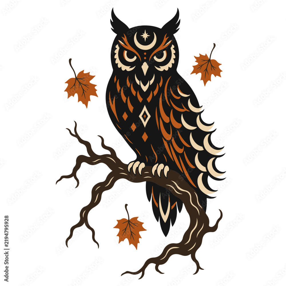 Obraz premium Owl on branch with autumn leaves vector illustration