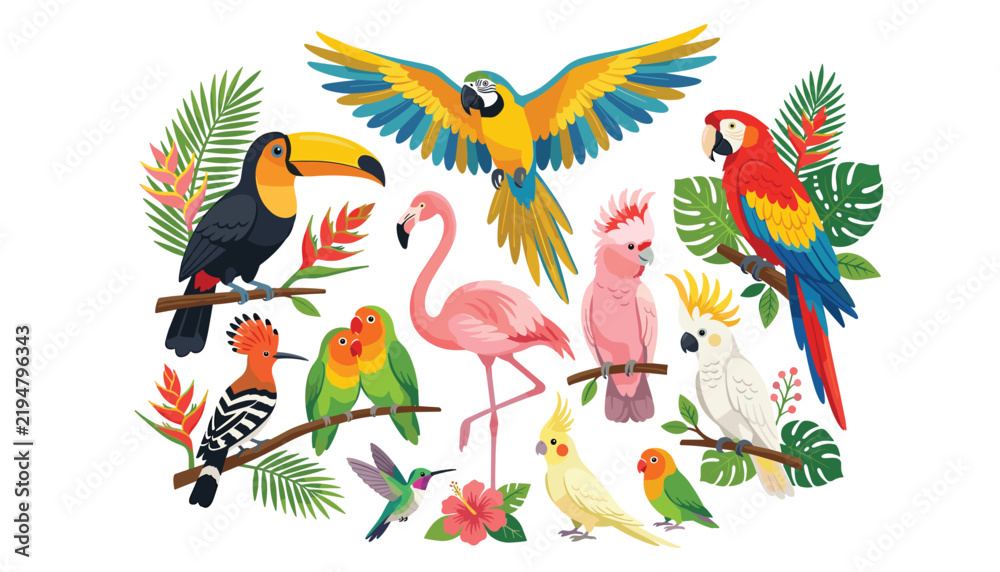 Fototapeta premium Vibrant tropical birds collection featuring colorful cartoon parrot macaw toucan flamingo and cockatoo vector illustration set