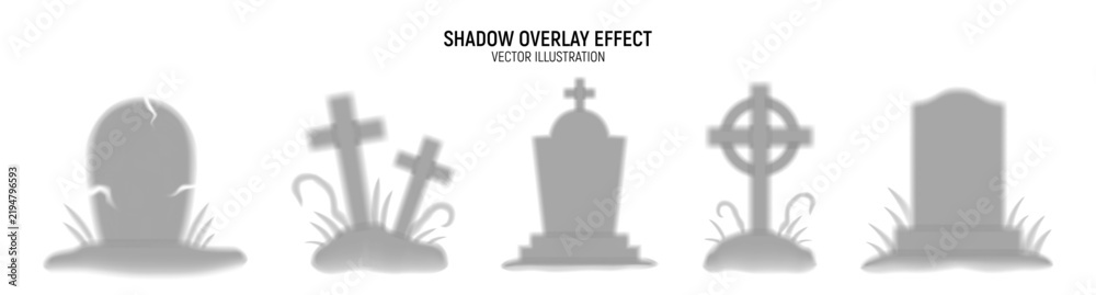 Obraz premium Scary Halloween tombstone and crosses silhouettes. Spooky vector set of transparent graveyard shadows for Halloween decoration, horror designs, seasonal party branding, social media banners.