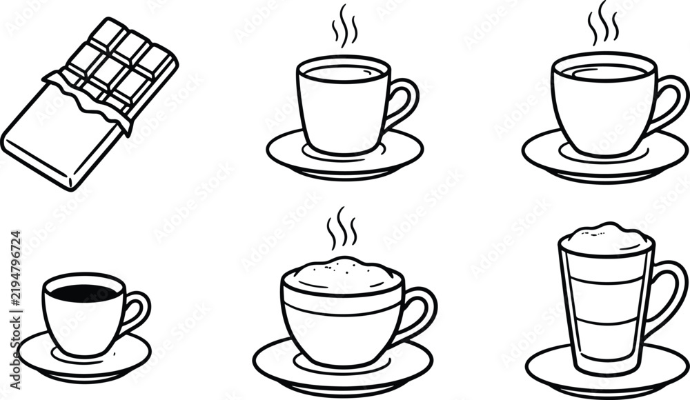 Fototapeta premium Vintage coffee collection featuring chocolate bar espresso latte cappuccino and steaming cup illustrations