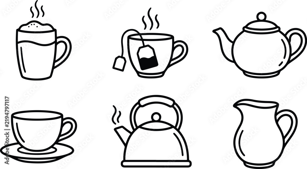 Obraz premium Vintage tea and coffee drinkware collection featuring cups teapot kettle and pitcher illustrations