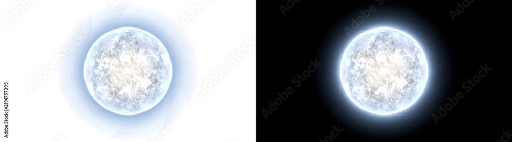 Obraz premium Blue white star glowing sphere with icy textured surface for cosmic design in PNG, Transparent and Black Background Versions for creative projects