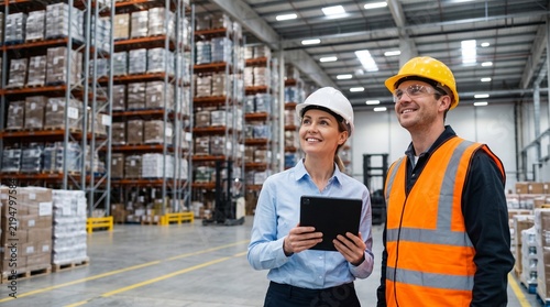Male And Female Warehouse Workers Using Digital Tablet For Inventory Management