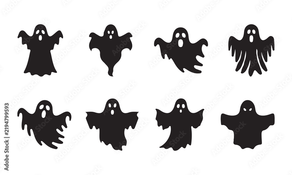 Obraz premium Set of eight black ghost icons with different expressive faces and spooky outlines for Halloween decoration and spooky graphic design elements.