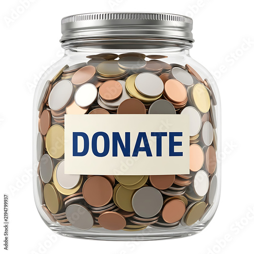 Glass donation jar filled with mixed coins and a donate label