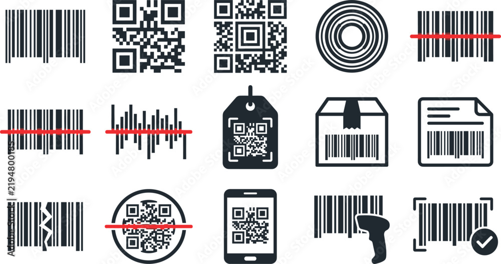 Fototapeta premium Barcode and QR code icon collection featuring scanning, product identification, packaging labels, digital tags, verification, inventory, and retail and QR code icon collection 