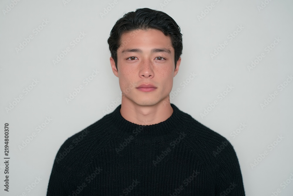 Obraz premium Portrait of a young man with freckles wearing a black sweater against a plain white background
