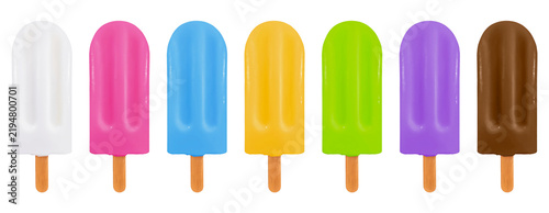 3D RENDER ILLUSTRATION OF SEVEN COLORFUL ICE CREAM POPSICLES ON WOODEN STICKS LINED UP HORIZONTALLY. INCLUDES WHITE, PINK, BLUE, YELLOW, GREEN, PURPLE, AND CHOCOLATE FLAVORS. CLEAN, MINIMALIST STUDIO 