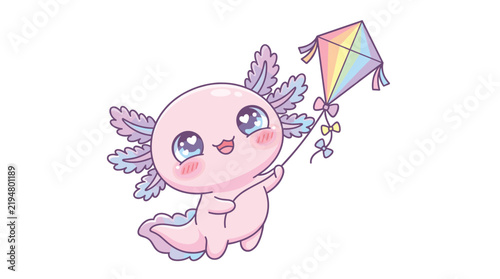 Cute kawaii pink axolotl flying colorful rainbow kite with heart eyes and pastel gills in playful children illustration design