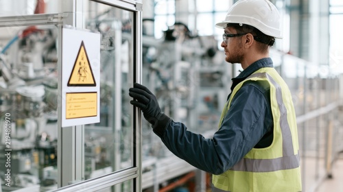 Male technician in safety gear inspects machinery behind a glass panel in a modern industrial facility, with warning signs and complex equipment visible in the background