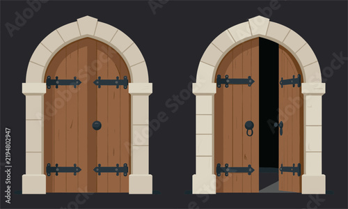 Medieval stone arch wooden doors with black metal hinges in closed and open states, isolated vector illustration.