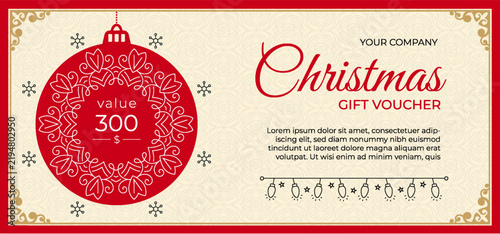 Luxury Christmas Gift Voucher Template. Elegant Holiday Coupon Design with Red and Gold Bauble. Christmas Discount Token Vector.