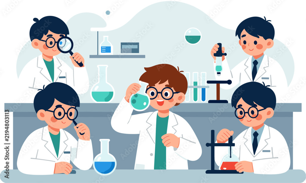 Fototapeta premium Group of curious children in white lab coats conducting science experiments with colorful liquids and beakers.
