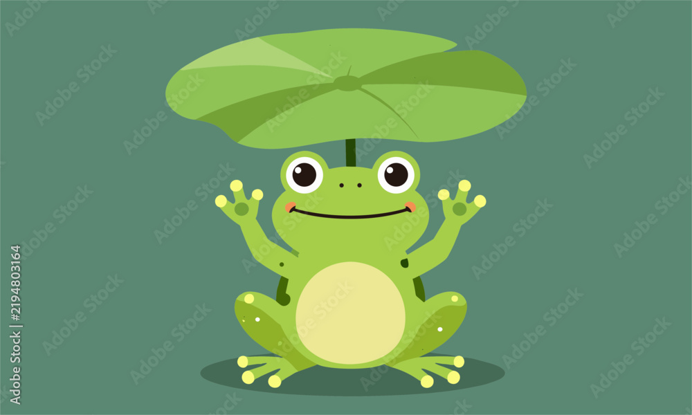 Obraz premium Adorable green frog sitting happily under a large green lotus leaf used as an umbrella on dark green background.