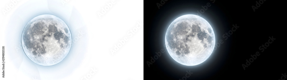 Fototapeta premium Full moon glowing sphere positioned to the left with detailed cratered surface for space design in PNG, Transparent and Black Background Versions