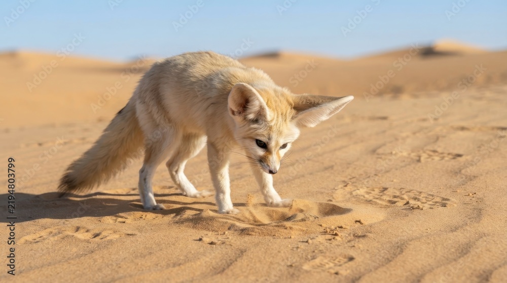Obraz premium Fennec Fox in the Sahara: A fennec fox with its characteristic large ears explores the sandy terrain of the Sahara Desert, its fur blending with the golden dunes under a clear blue sky.
