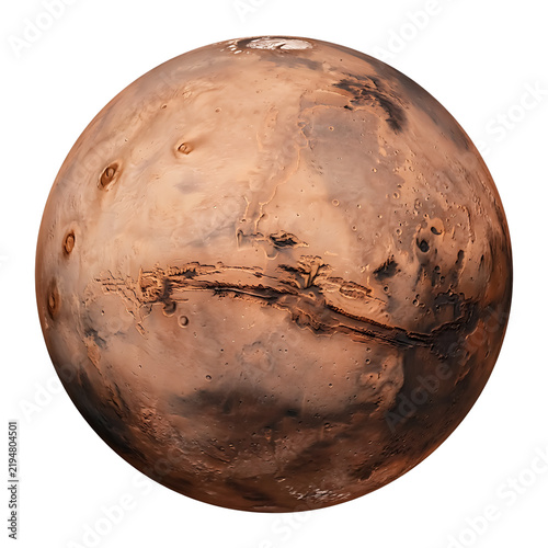 3D render of the planet Mars with detailed surface texture against transparent background