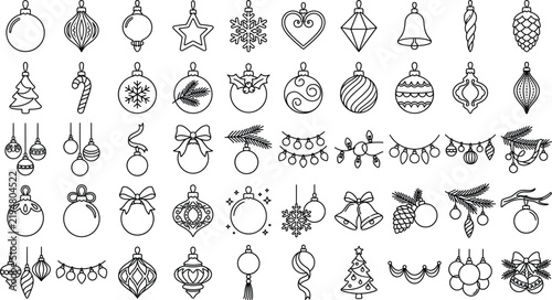 Christmas ornament line art collection featuring baubles, snowflakes, stars, bells, bows, candy canes, pine branches, wreath decorations, and festive elementsChristmas ornament line art collection 
