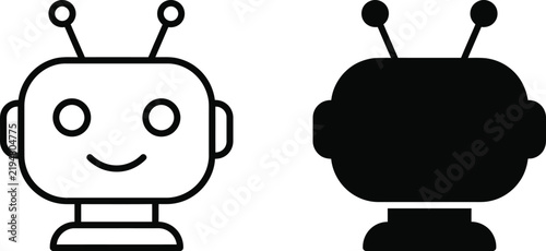 Minimalist outline and solid silhouette icons of a cute friendly robot head with antennas on white background