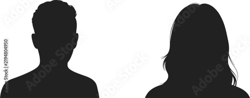 Two black silhouettes of a man and a woman head and shoulders portrait facing forward on white background