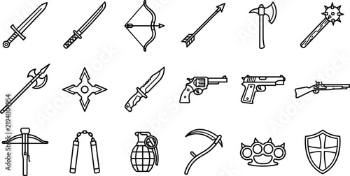 Принти на полотні Medieval and modern weapons line art icon set featuring sword katana bow arrow a
