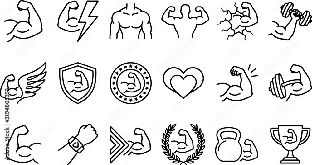 Fototapeta premium Fitness and bodybuilding line art icon set featuring bicep muscle power dumbbell chest shield heart trophy kettlebell smart watch energy