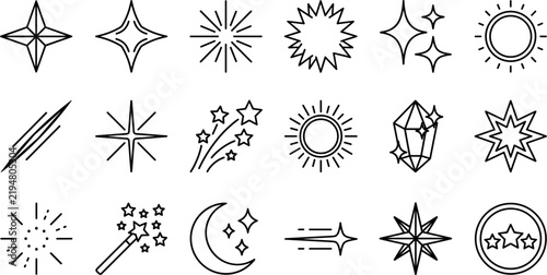 Stars and sparkles line art icon set featuring glowing sparkle bursts magical wand crescent moon crystal sun shapes fireworks