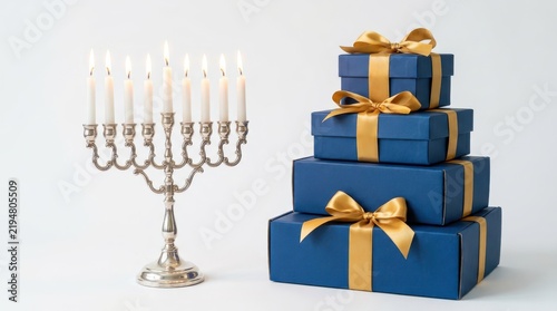 Hanukkah menorah and stack of blue gift boxes with ribbons