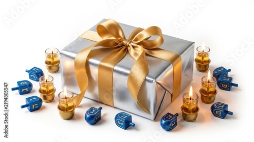 Silver hanukkah gift box with blue dreidels and candles