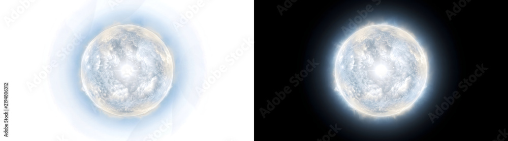Obraz premium Sparkling white star glowing sphere with bright central flare for cosmic design in PNG, Transparent and Black Background Versions for creative projects
