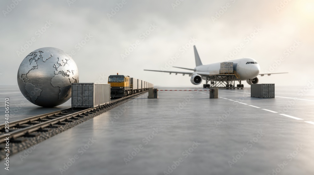 Fototapeta premium supply chain management logistics risk management. Global logistics concept with airplane, freight train, shipping containers, and a metallic globe on a concrete surface.