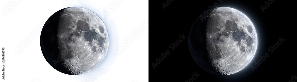 Obraz premium Waning gibbous moon glowing sphere with cratered surface half lit by sunlight for space design in PNG, Transparent and Black Background Versions