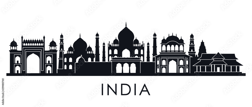 Obraz premium India Silhouette Skyline - Taj Mahal and Historic Architecture