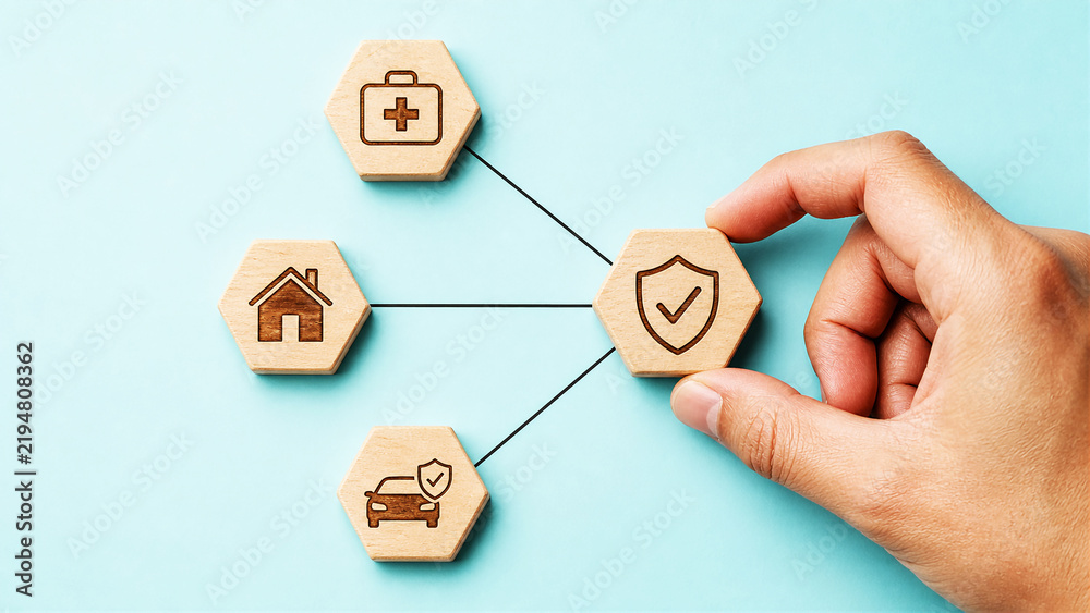 Obraz premium Insurance Protection Concept with Shield, Health, Home and Car Icons