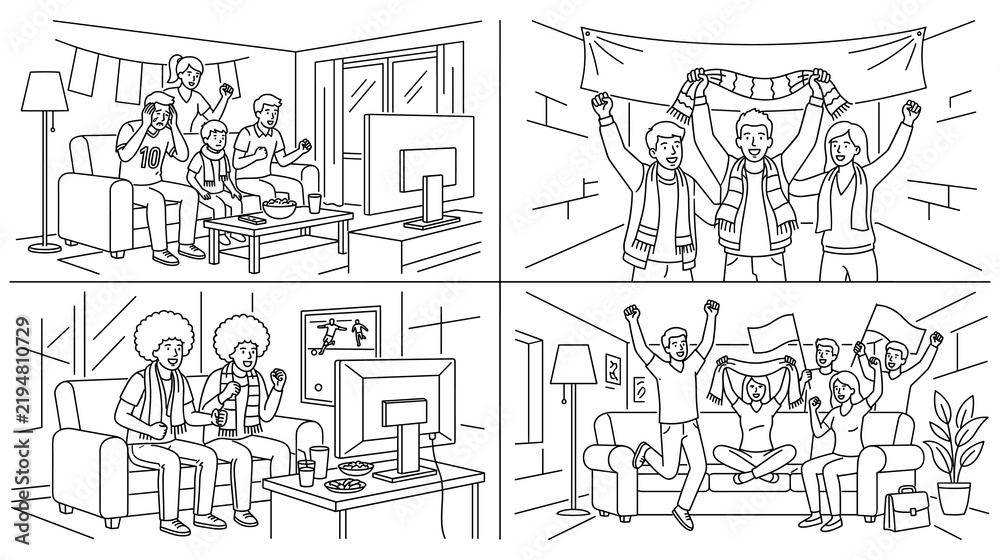 Fototapeta premium Diverse groups of sports fans watching soccer game on television at home in outline style.