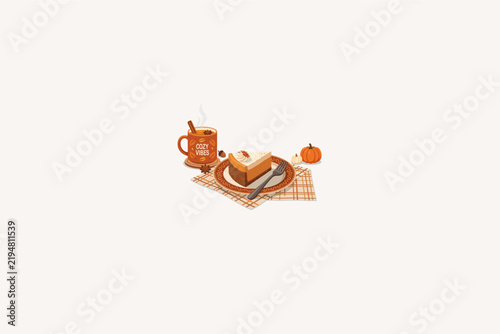 Cozy Autumn Set with Pumpkin Pie Slice, Hot Spice Drink Mug, and Pumpkins, Thanksgiving Vector Illustration