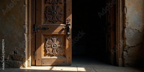 Intricate Carving Adorns an Antique Wooden Door Ajar, Revealing a Dark Interior and Sunlit Stonework