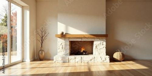 Modern Minimalist Living Room with Cozy Fireplace and Sunlight Streaming Through Window