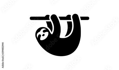 Hanging sloth illustration in black and white vector style on a white background