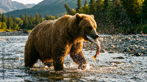 Принти на полотні Brown Bear Standing in River Catching Salmon, Rushing Water Mountains Wildlife A