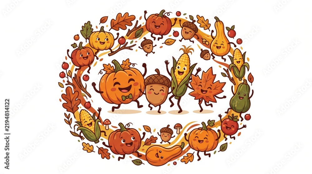 Obraz premium Cute kawaii autumn harvest wreath illustration featuring smiling pumpkins corn acorns and fall leaves kawaii pumpkin cute acorn corn cob cartoon autumn seasonal garland harvest festival