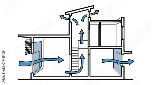 Passive Cooling Strategy CAD Icon Set, Cross Ventilation, Stack Effect and Thermal Airflow Architectural Vecto