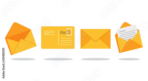 Yellow mail envelopes set with letters and post card vector illustration