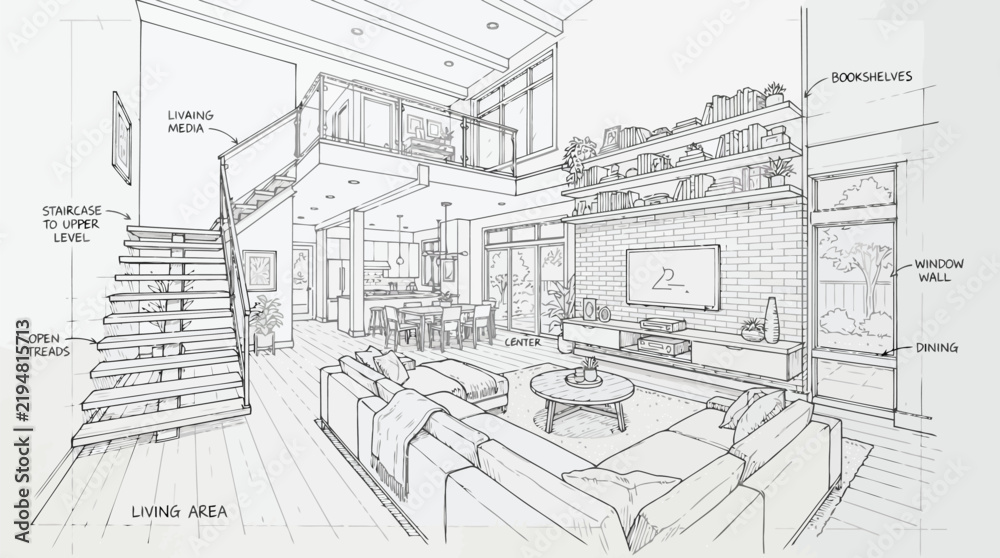 Fototapeta premium Architectural sketch of a modern living room