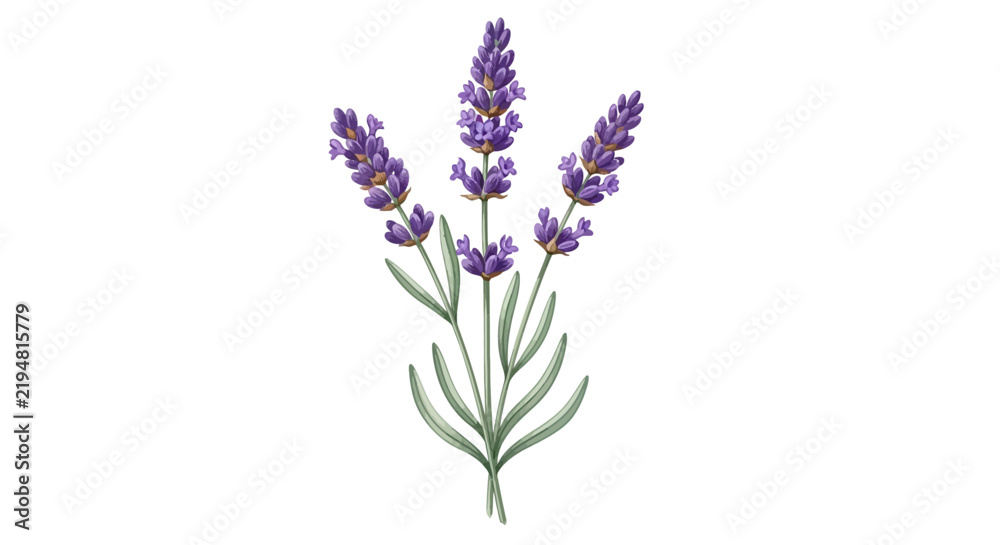 Obraz premium Aromatic purple lavender sprigs botanical illustration with green leaves isolated on white