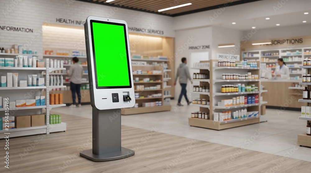 Obraz premium Digital kiosk with green screen in a modern retail store interior setting