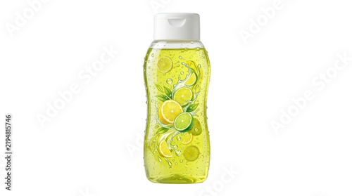Clear plastic bottle of yellow citrus shower gel isolated on transparent background