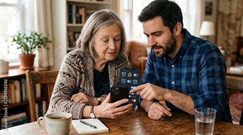 Man helps elderly woman understand smartphone settings on a table with a notebook and coffee mug