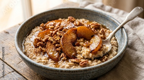 Bowl of oatmeal topped with caramelized fruit nuts and spoon resting on wooden surface with porridge