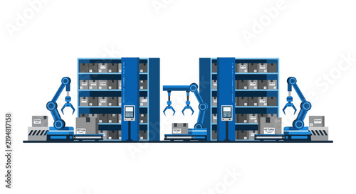 Automated Smart Warehouse with Robotic Arms and Conveyor Belts Flat Vector Illustration